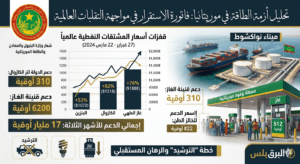 إنفوجرافيك يحلل أزمة الطاقة في موريتانيا، يُظهر شعار وزارة الطاقة، رسماً بيانياً لارتفاع أسعار الكازوال والبنزين والغاز عالمياً، وصوراً لميناء نواكشوط ومحطة وقود موريتانية، مع بيانات عن الدعم الحكومي ودعوات للترشيد بلمسة البرق بلس.