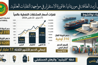 إنفوجرافيك يحلل أزمة الطاقة في موريتانيا، يُظهر شعار وزارة الطاقة، رسماً بيانياً لارتفاع أسعار الكازوال والبنزين والغاز عالمياً، وصوراً لميناء نواكشوط ومحطة وقود موريتانية، مع بيانات عن الدعم الحكومي ودعوات للترشيد بلمسة البرق بلس.